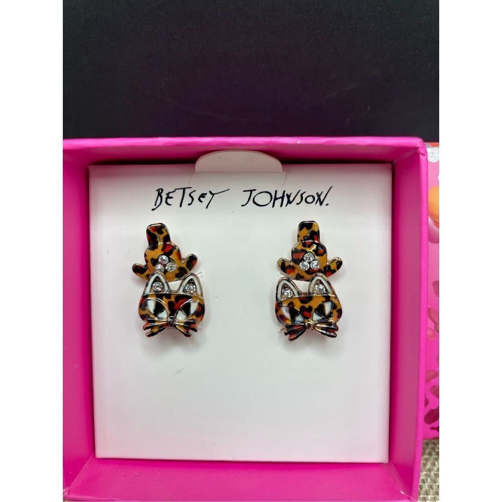 NWT Betsey Johnson Leopard "Mini Critters" Drop Dangle Cat Earrings in Gift Box